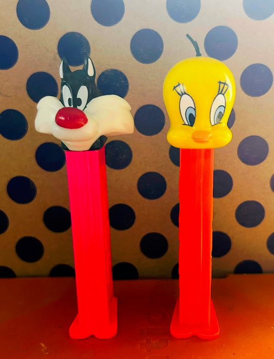 Vintage Tweety & Sylvester PEZ Pair — Rare Neon Red Stem + Bright Pink Stem